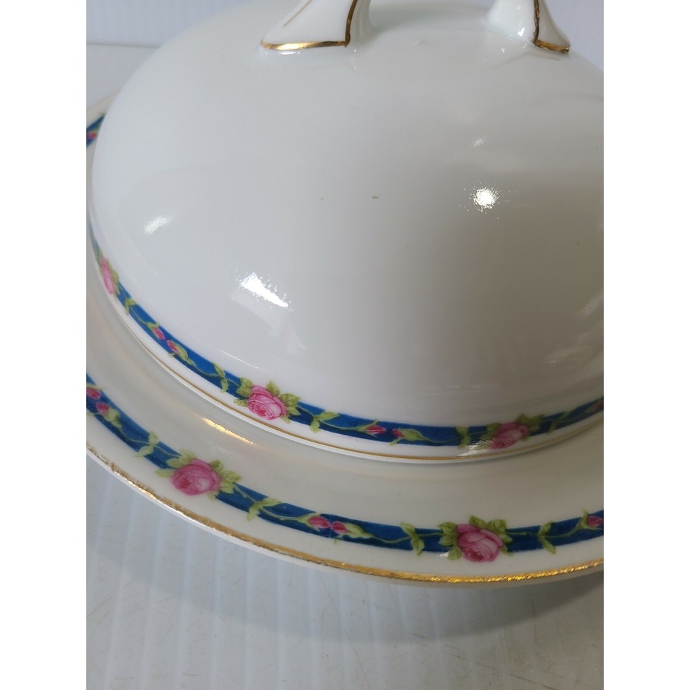 J&C Bavaria China Round Butter Dish with Lid Pink Roses Blue Ribbon - Picture 2 of 5